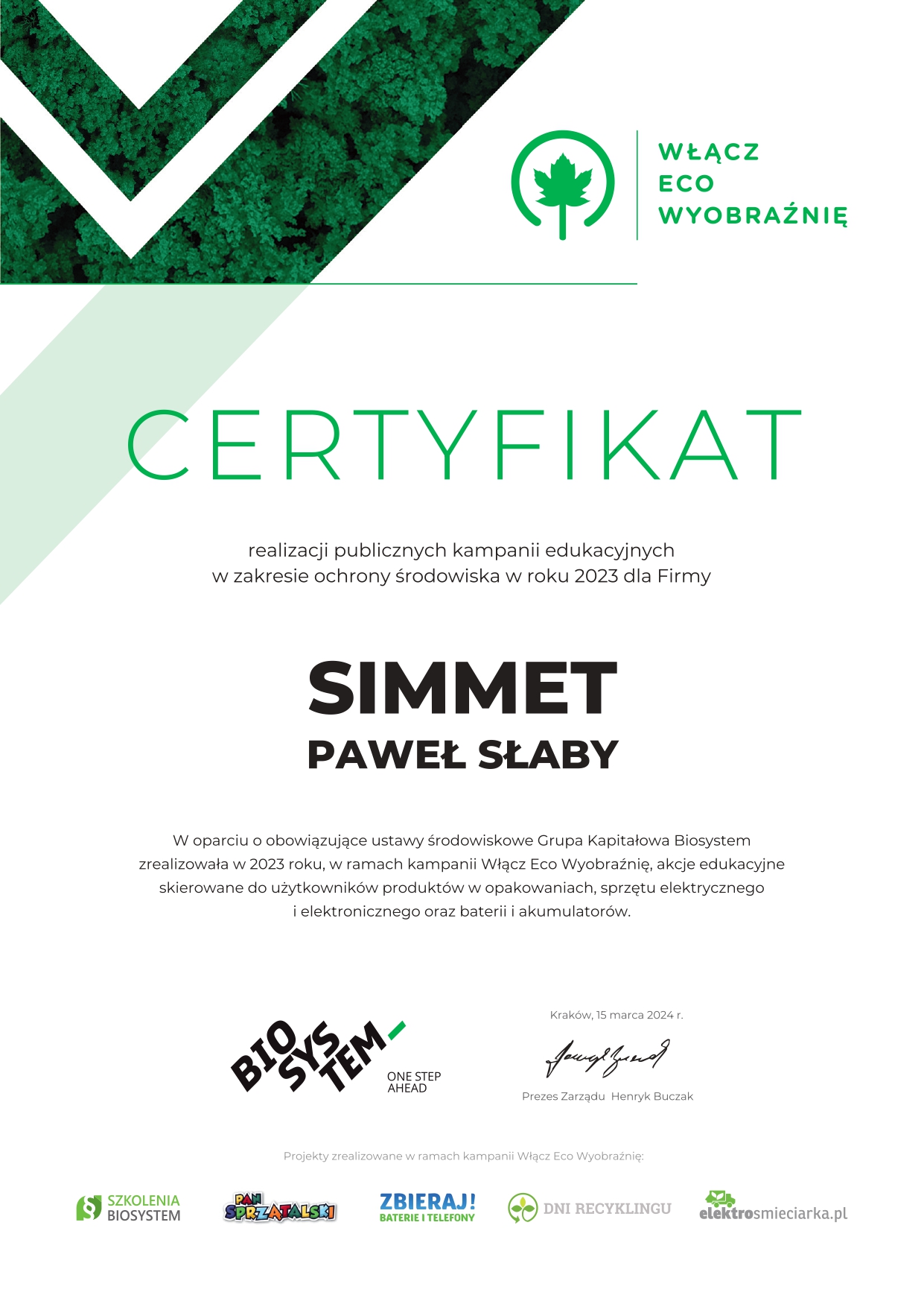 Certyfikat SIMMET